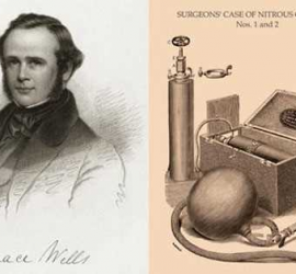 Гораций Уэллс (слева) и аппарат для наркоза (справа)